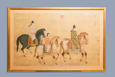 Chinese school, ink and colour on silk, 19/20th C.: 'Three horseriders'